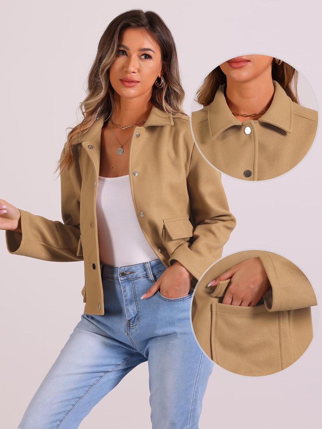 imageAllegra K Winter Cropped Coat for Womens Button Down Long Sleeve CoatKhaki