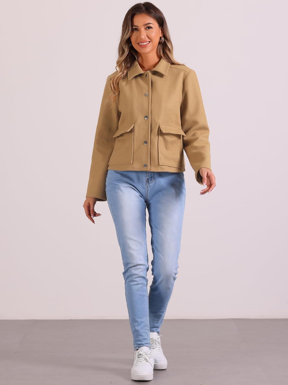 imageAllegra K Winter Cropped Coat for Womens Button Down Long Sleeve CoatKhaki