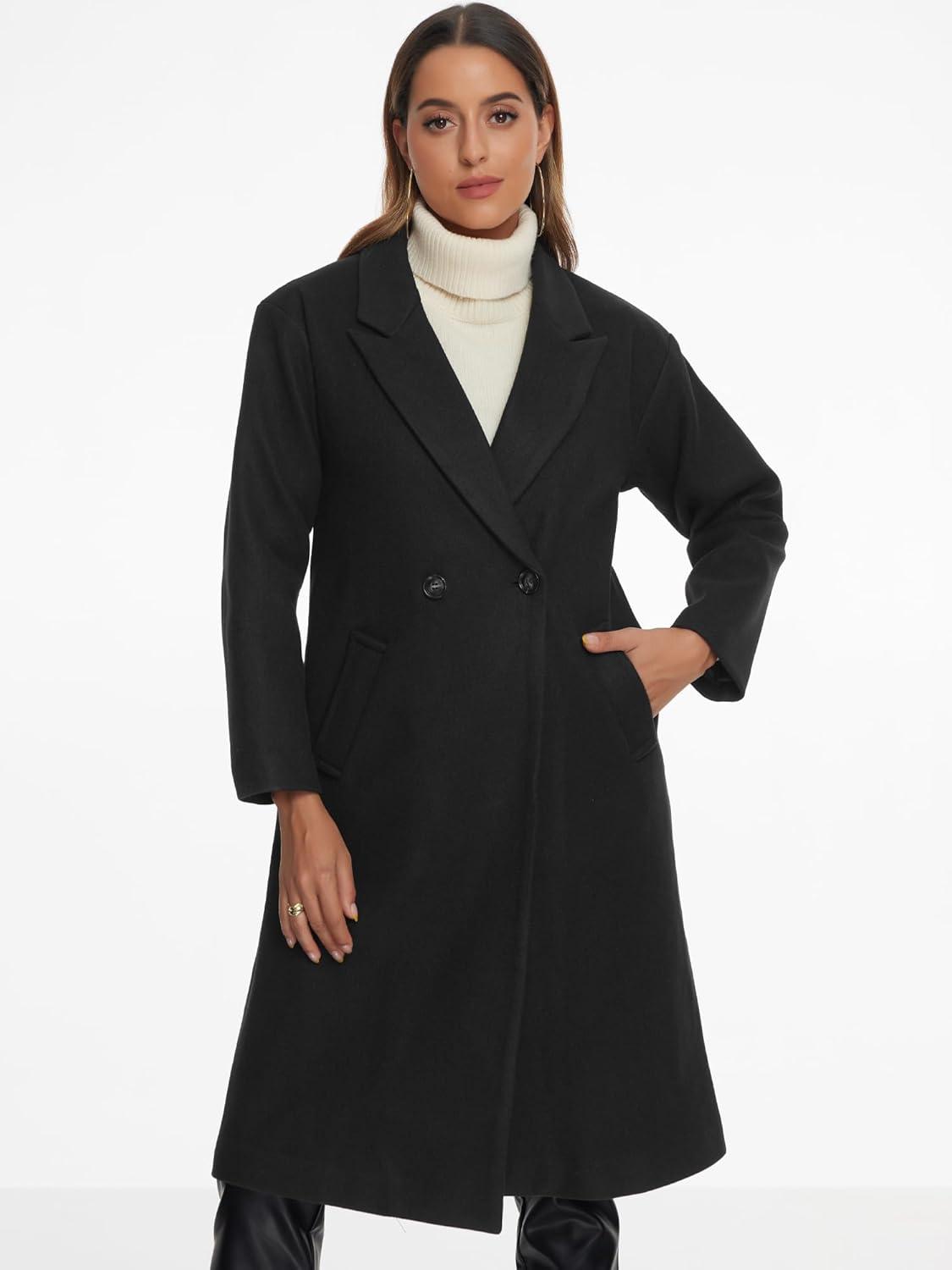 imageAllegra K Winter Overcoat for Womens Notch Lapel DoubleBreasted MidLength Long CoatBlack