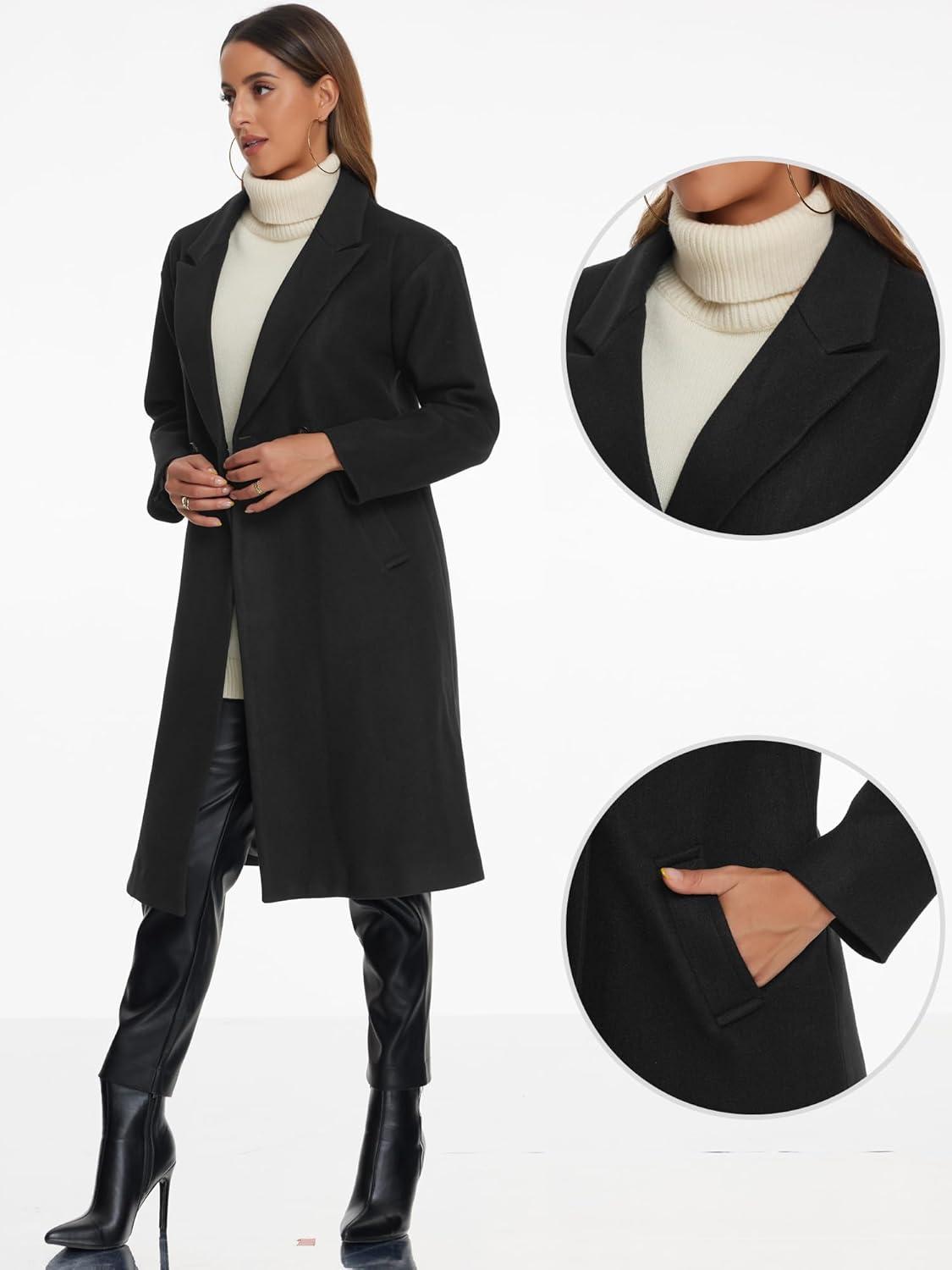 imageAllegra K Winter Overcoat for Womens Notch Lapel DoubleBreasted MidLength Long CoatBlack