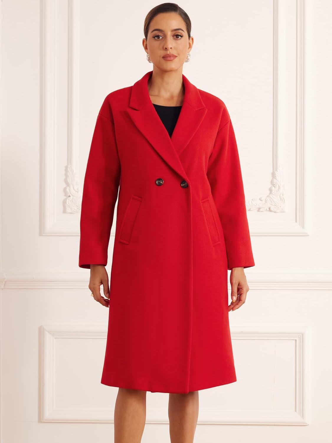 imageAllegra K Winter Overcoat for Womens Notch Lapel DoubleBreasted MidLength Long CoatRed