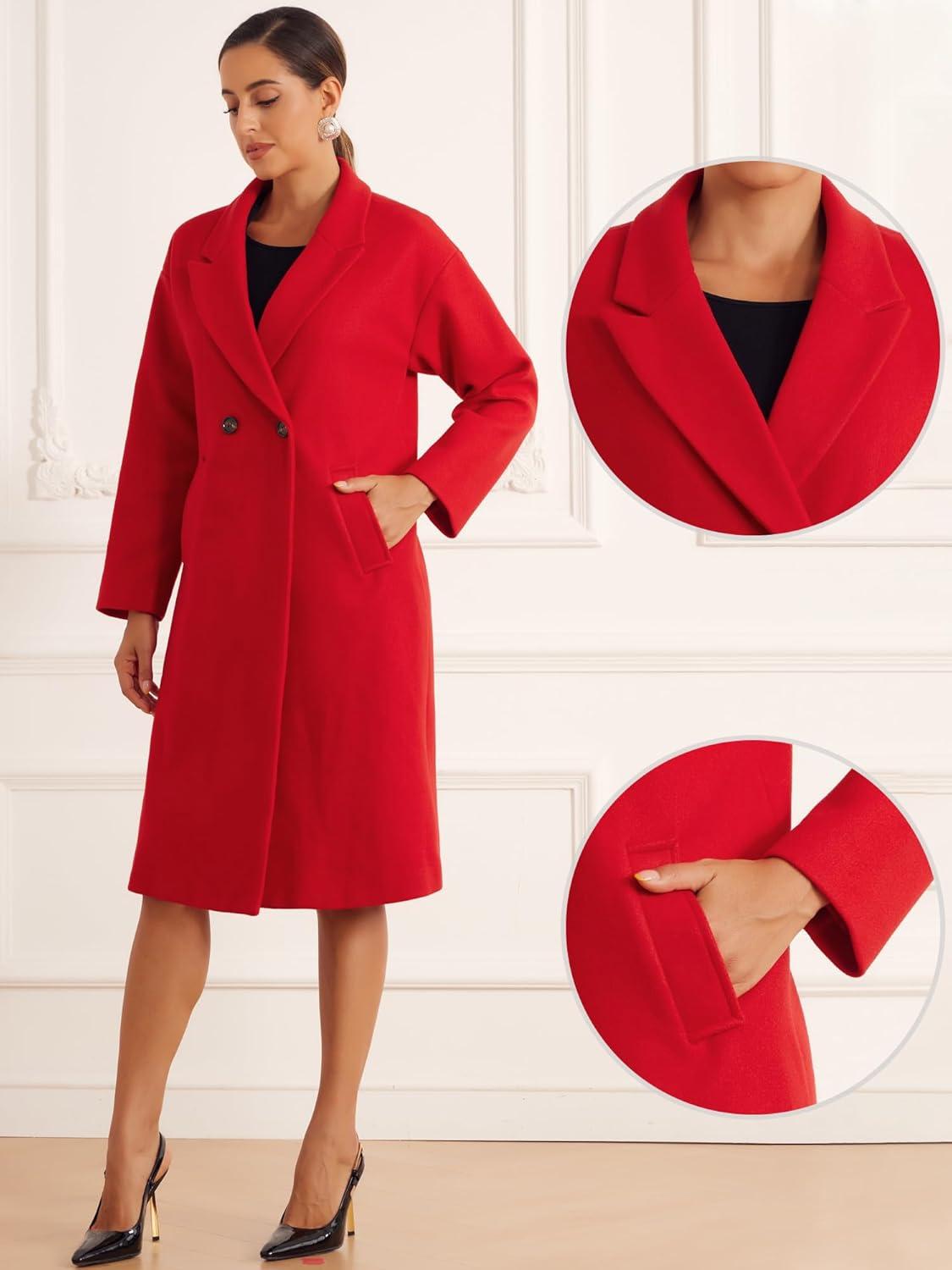 imageAllegra K Winter Overcoat for Womens Notch Lapel DoubleBreasted MidLength Long CoatRed