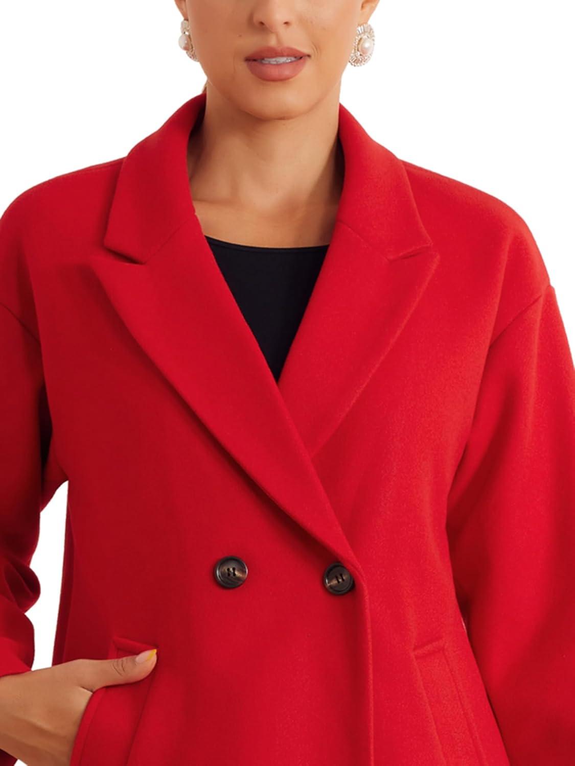 imageAllegra K Winter Overcoat for Womens Notch Lapel DoubleBreasted MidLength Long CoatRed