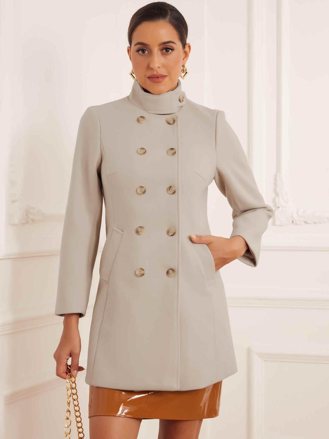 imageAllegra K Winter Trench Coats for Womens Casual Stand Collar Pea Double Breasted OvercoatBeige