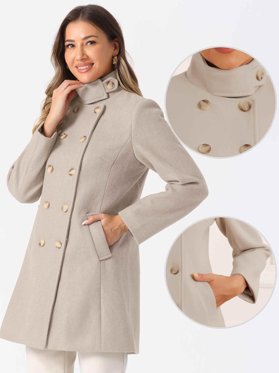 imageAllegra K Winter Trench Coats for Womens Casual Stand Collar Pea Double Breasted OvercoatBeige