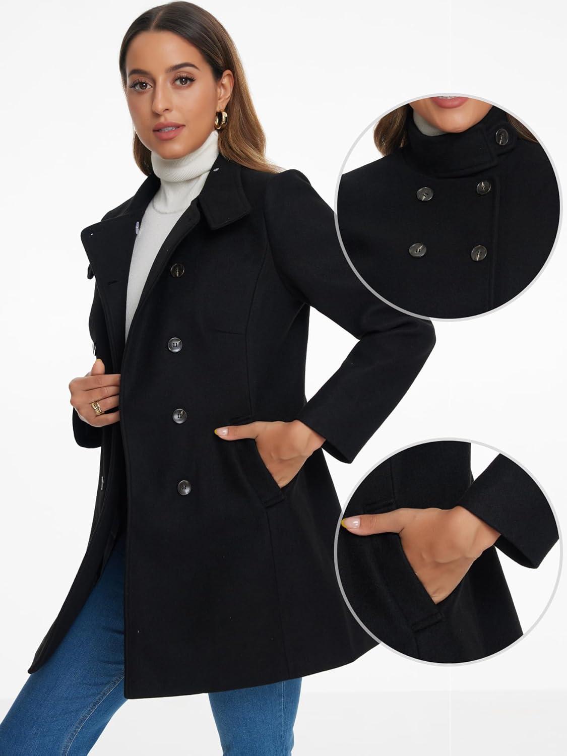 imageAllegra K Winter Trench Coats for Womens Casual Stand Collar Pea Double Breasted OvercoatBlack