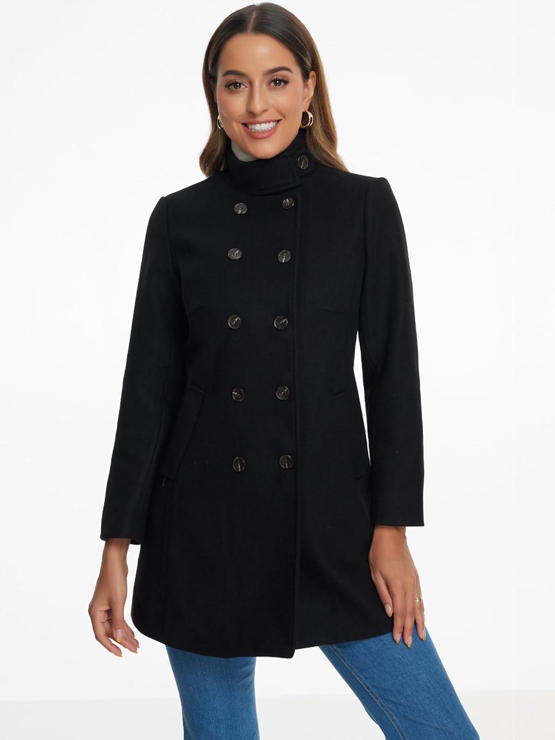 imageAllegra K Winter Trench Coats for Womens Casual Stand Collar Pea Double Breasted OvercoatBlack