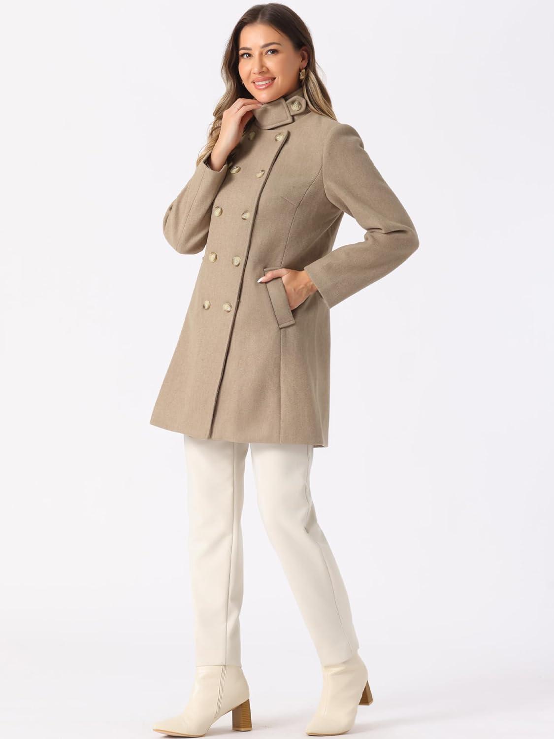 imageAllegra K Winter Trench Coats for Womens Casual Stand Collar Pea Double Breasted OvercoatBrown