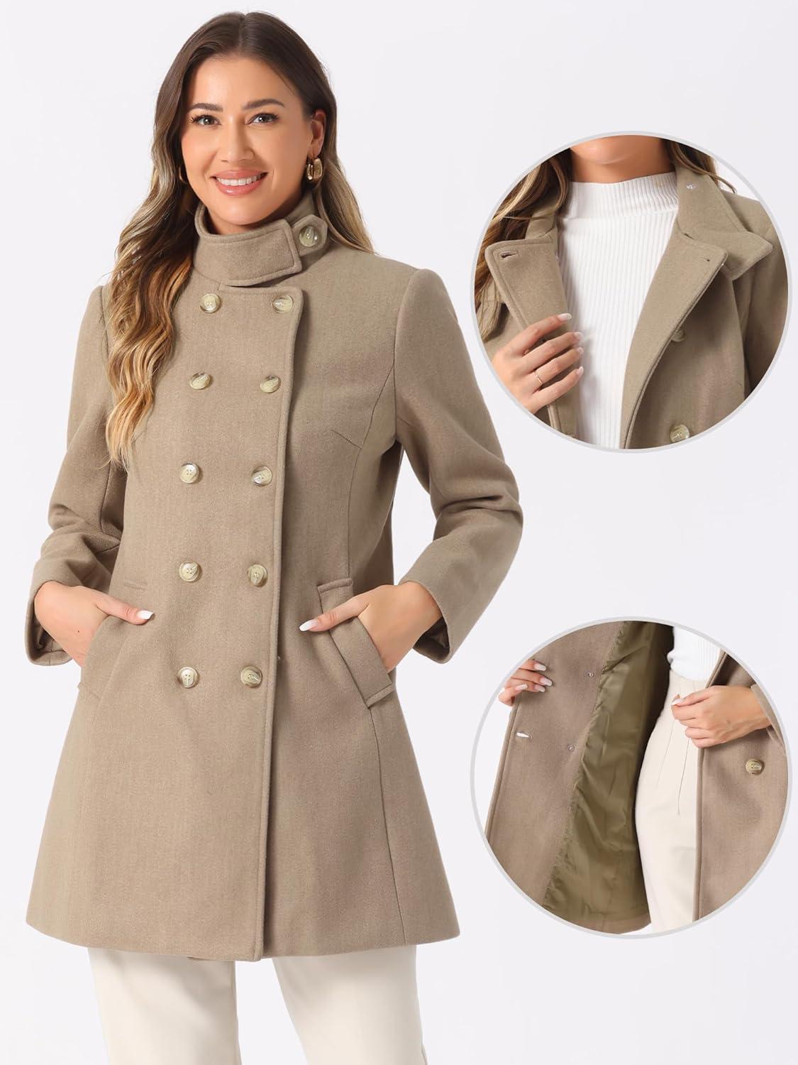 imageAllegra K Winter Trench Coats for Womens Casual Stand Collar Pea Double Breasted OvercoatBrown
