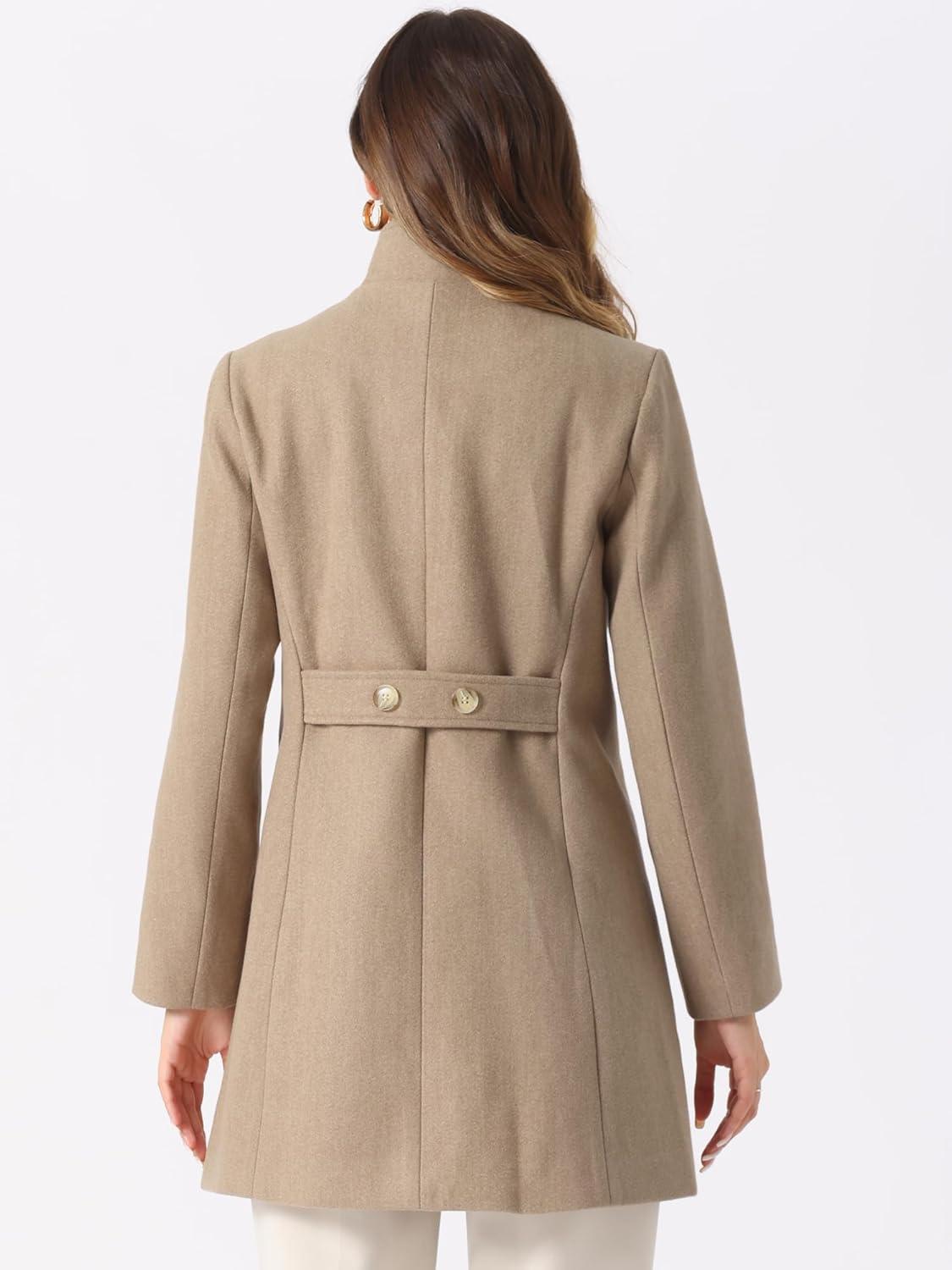 imageAllegra K Winter Trench Coats for Womens Casual Stand Collar Pea Double Breasted OvercoatBrown