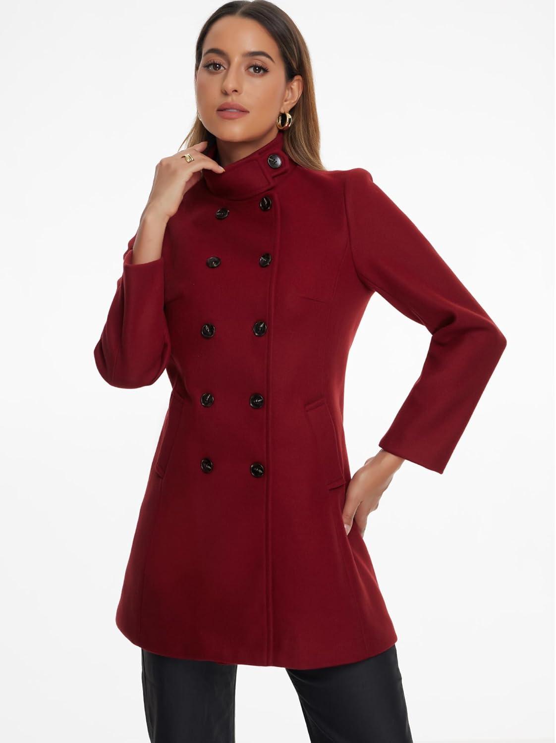 imageAllegra K Winter Trench Coats for Womens Casual Stand Collar Pea Double Breasted OvercoatBurgundy
