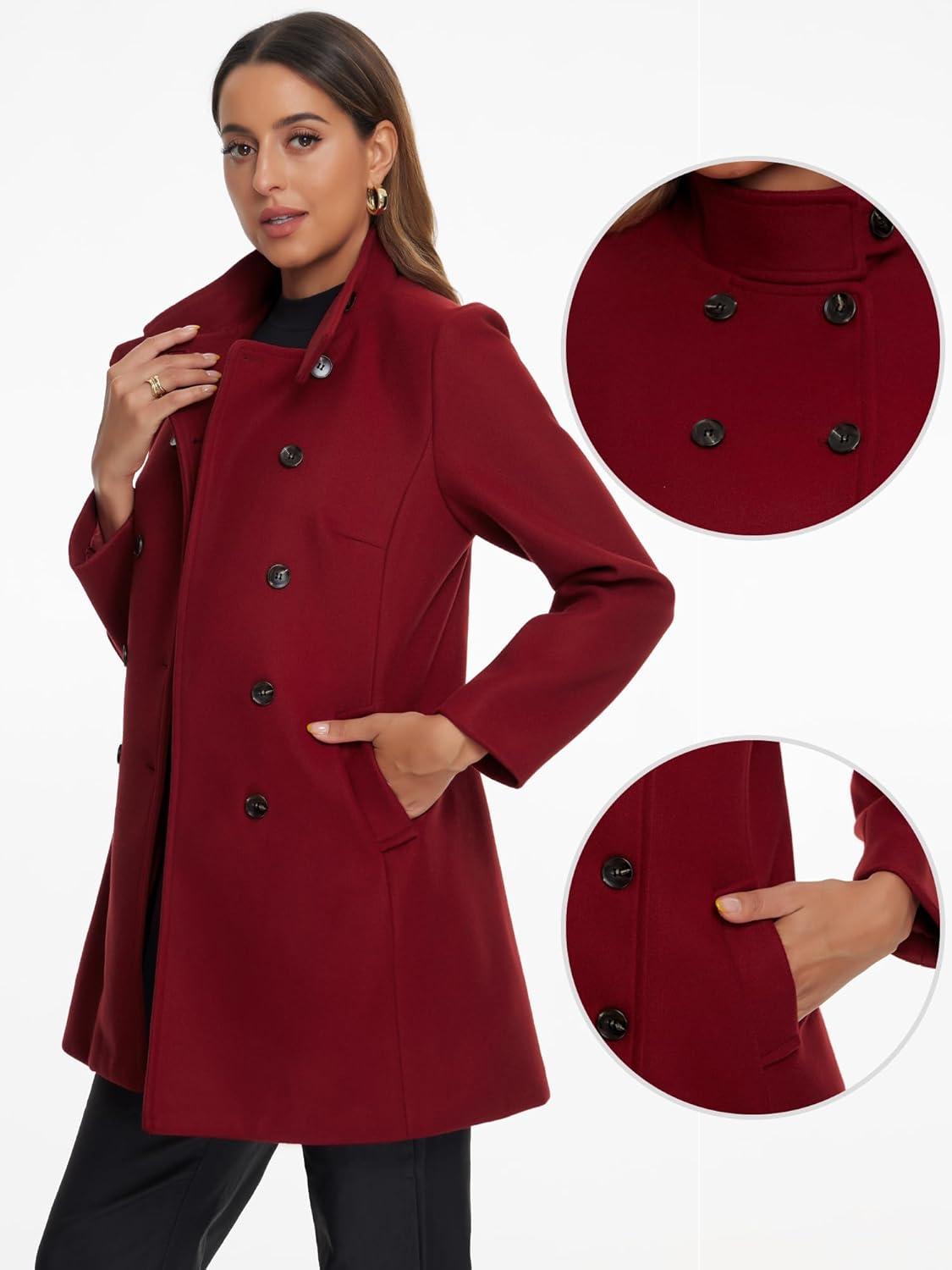 imageAllegra K Winter Trench Coats for Womens Casual Stand Collar Pea Double Breasted OvercoatBurgundy