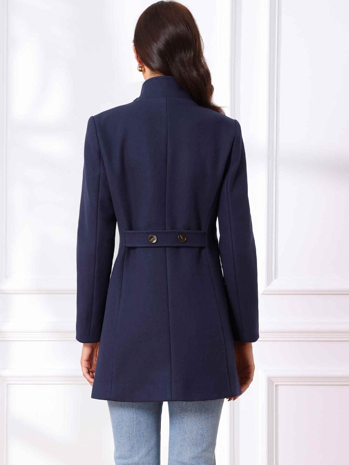 imageAllegra K Winter Trench Coats for Womens Casual Stand Collar Pea Double Breasted OvercoatDark Blue