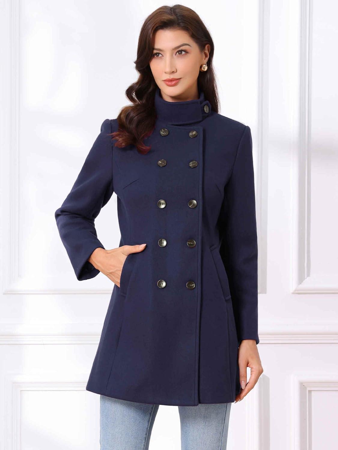 imageAllegra K Winter Trench Coats for Womens Casual Stand Collar Pea Double Breasted OvercoatDark Blue