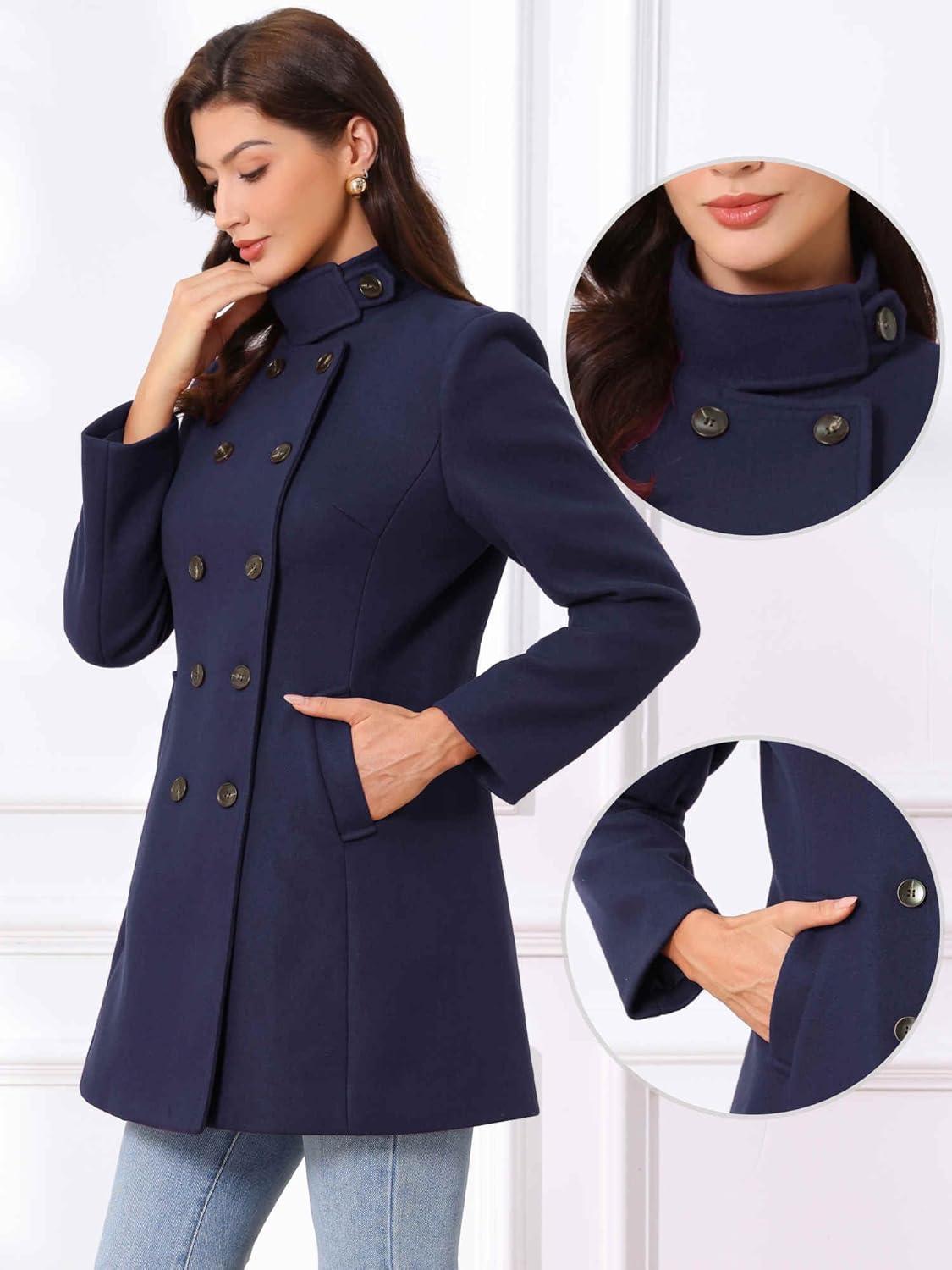imageAllegra K Winter Trench Coats for Womens Casual Stand Collar Pea Double Breasted OvercoatDark Blue