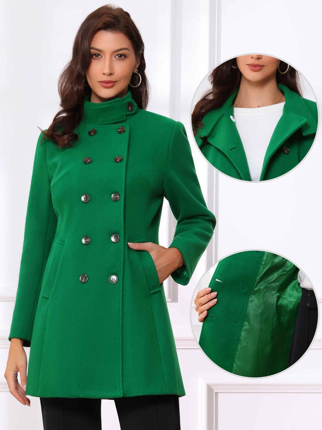 imageAllegra K Winter Trench Coats for Womens Casual Stand Collar Pea Double Breasted OvercoatDark Green