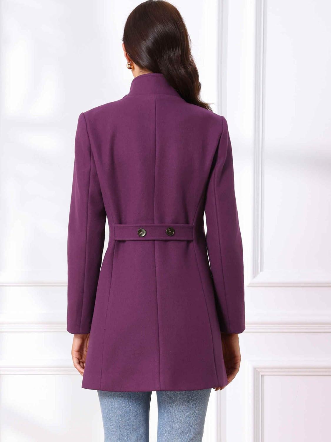 imageAllegra K Winter Trench Coats for Womens Casual Stand Collar Pea Double Breasted OvercoatDark Purple