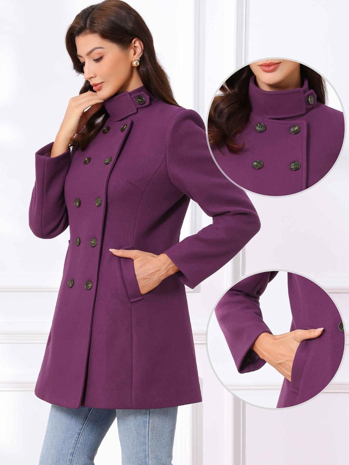 imageAllegra K Winter Trench Coats for Womens Casual Stand Collar Pea Double Breasted OvercoatDark Purple