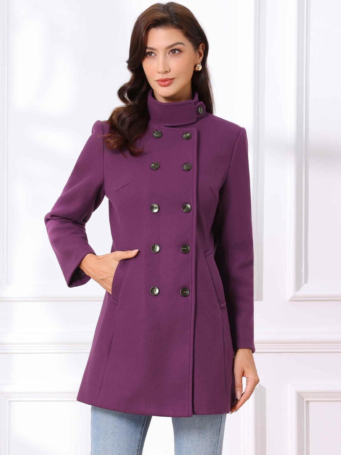 imageAllegra K Winter Trench Coats for Womens Casual Stand Collar Pea Double Breasted OvercoatDark Purple
