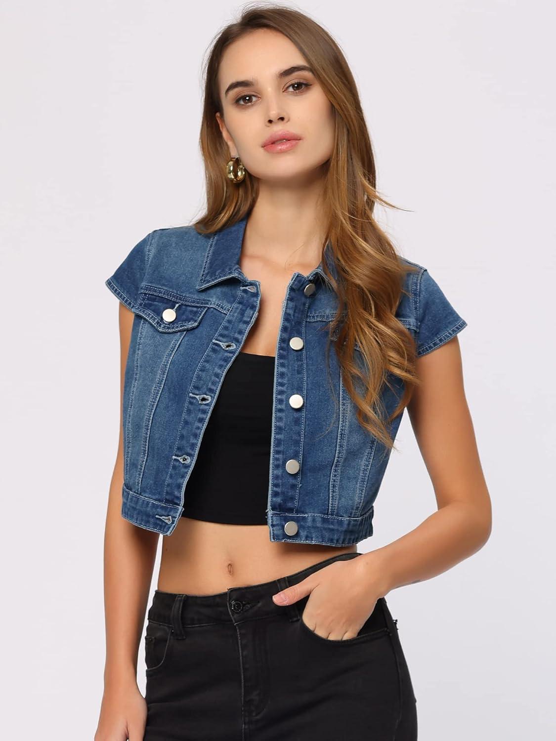 imageAllegra K Womens 2024 Summer Button Down Cap Short Sleeve Cropped Jean Denim JacketBlue
