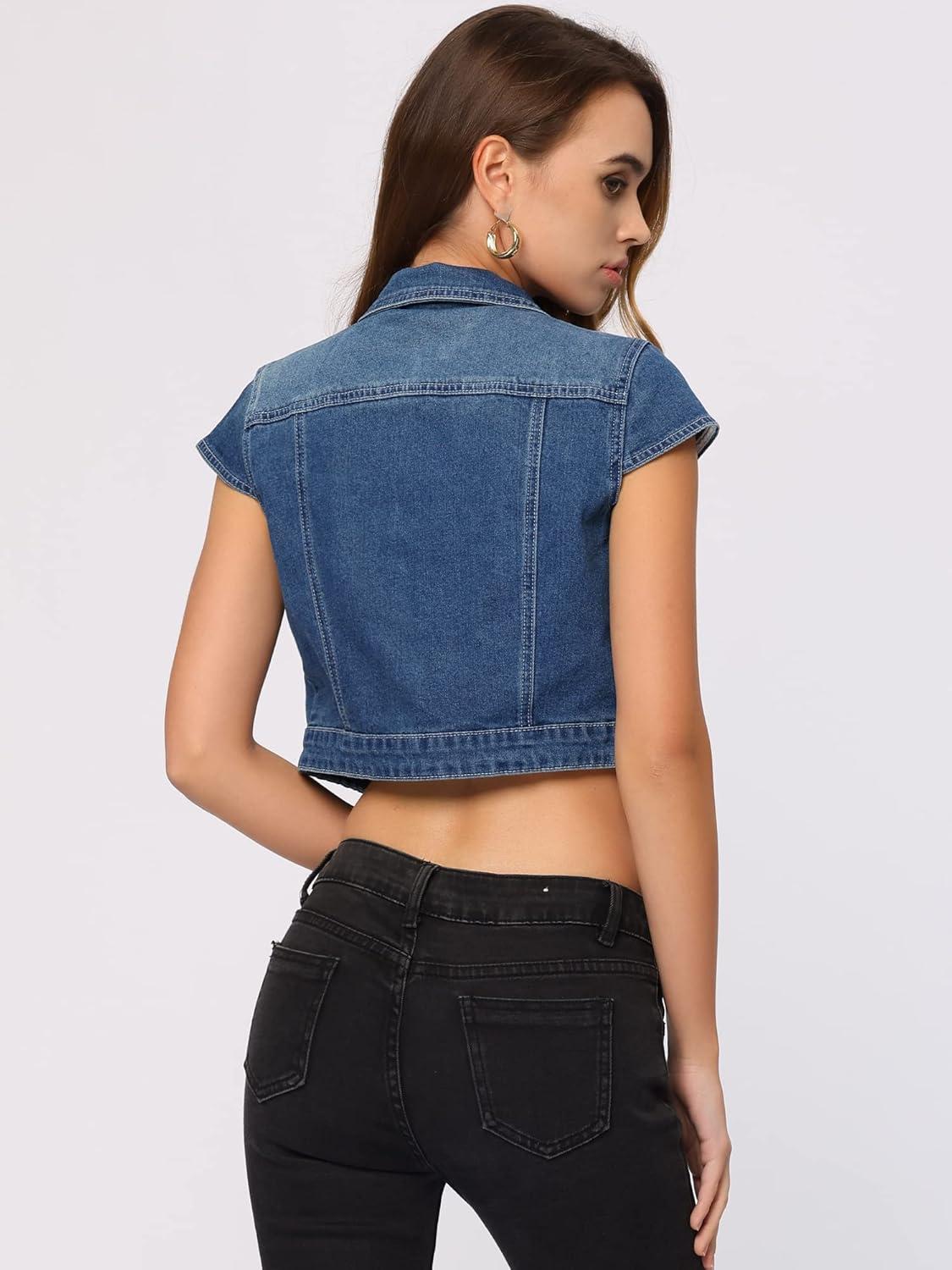 imageAllegra K Womens 2024 Summer Button Down Cap Short Sleeve Cropped Jean Denim JacketBlue