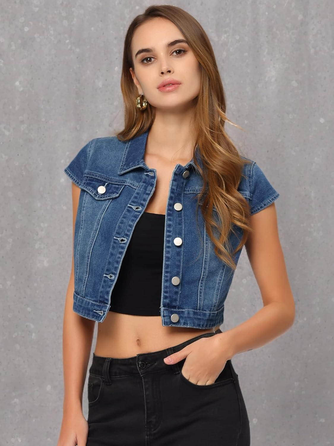 imageAllegra K Womens 2024 Summer Button Down Cap Short Sleeve Cropped Jean Denim JacketBlue