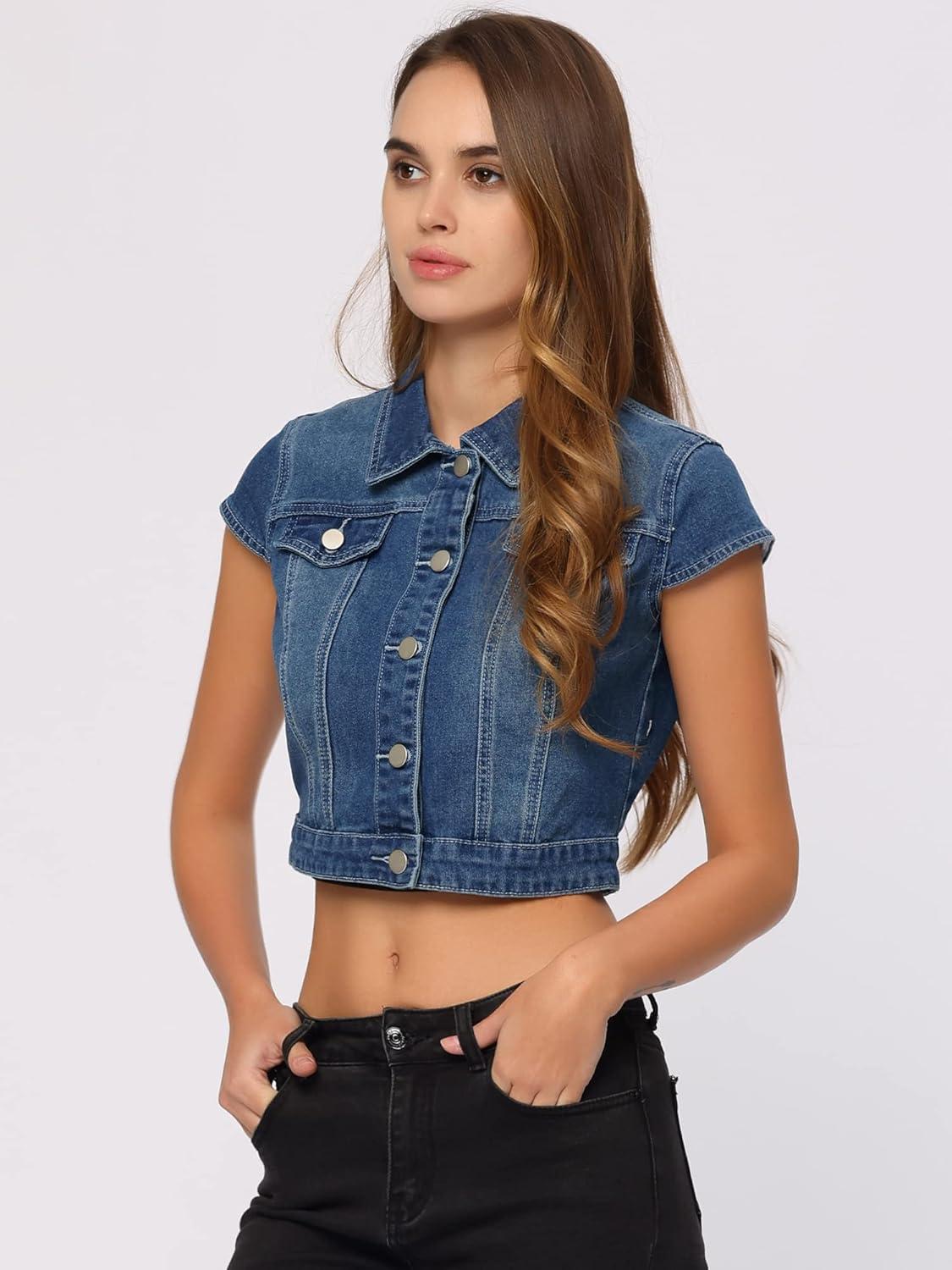 imageAllegra K Womens 2024 Summer Button Down Cap Short Sleeve Cropped Jean Denim JacketBlue