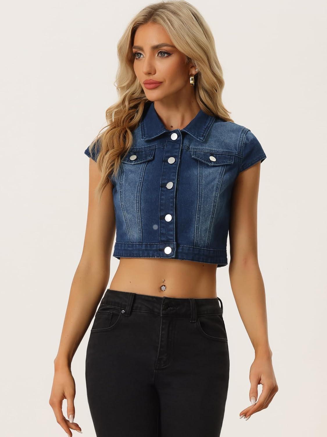 imageAllegra K Womens 2024 Summer Button Down Cap Short Sleeve Cropped Jean Denim JacketDark Blue
