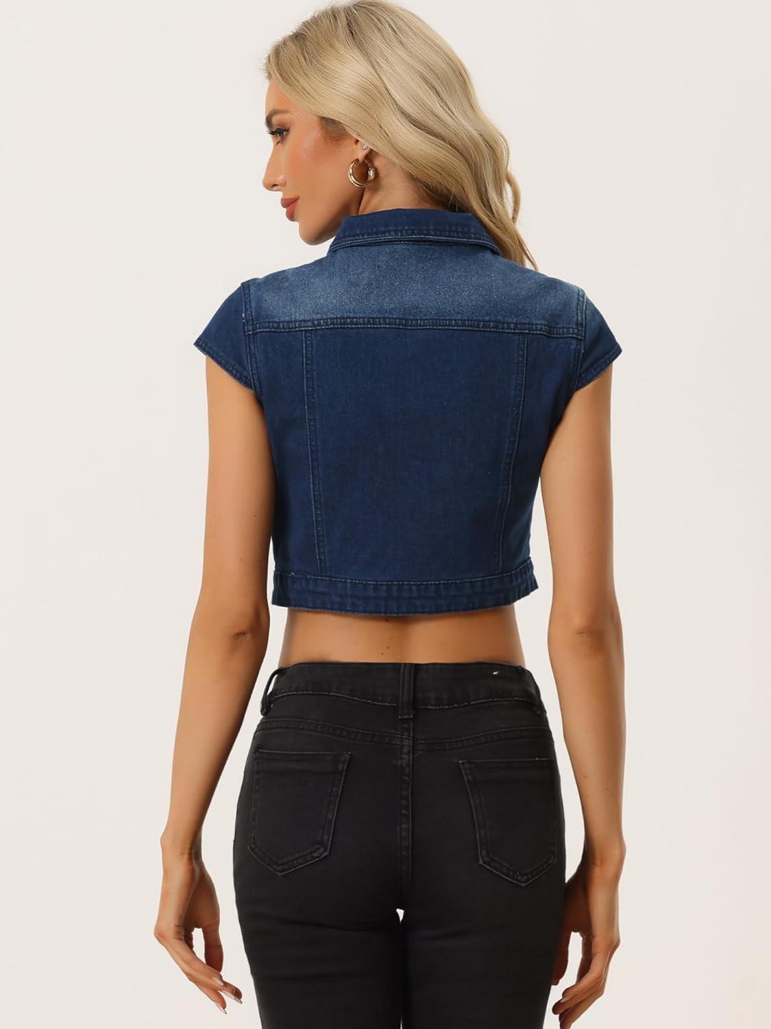 imageAllegra K Womens 2024 Summer Button Down Cap Short Sleeve Cropped Jean Denim JacketDark Blue