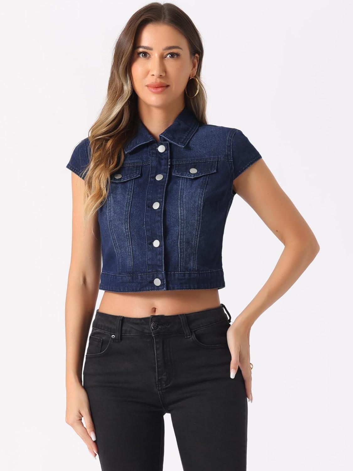 imageAllegra K Womens 2024 Summer Button Down Cap Short Sleeve Cropped Jean Denim JacketDeep Blue