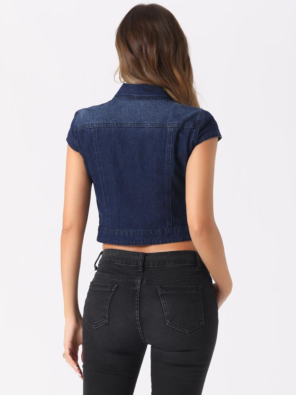 imageAllegra K Womens 2024 Summer Button Down Cap Short Sleeve Cropped Jean Denim JacketDeep Blue