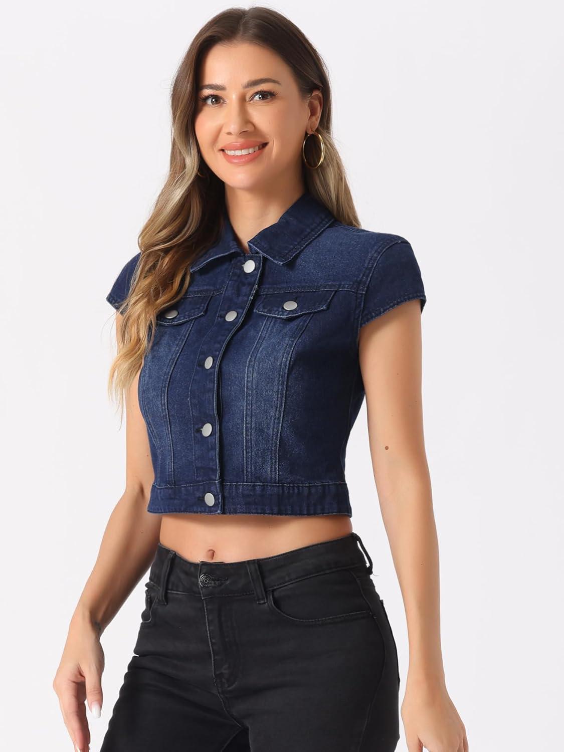 imageAllegra K Womens 2024 Summer Button Down Cap Short Sleeve Cropped Jean Denim JacketDeep Blue