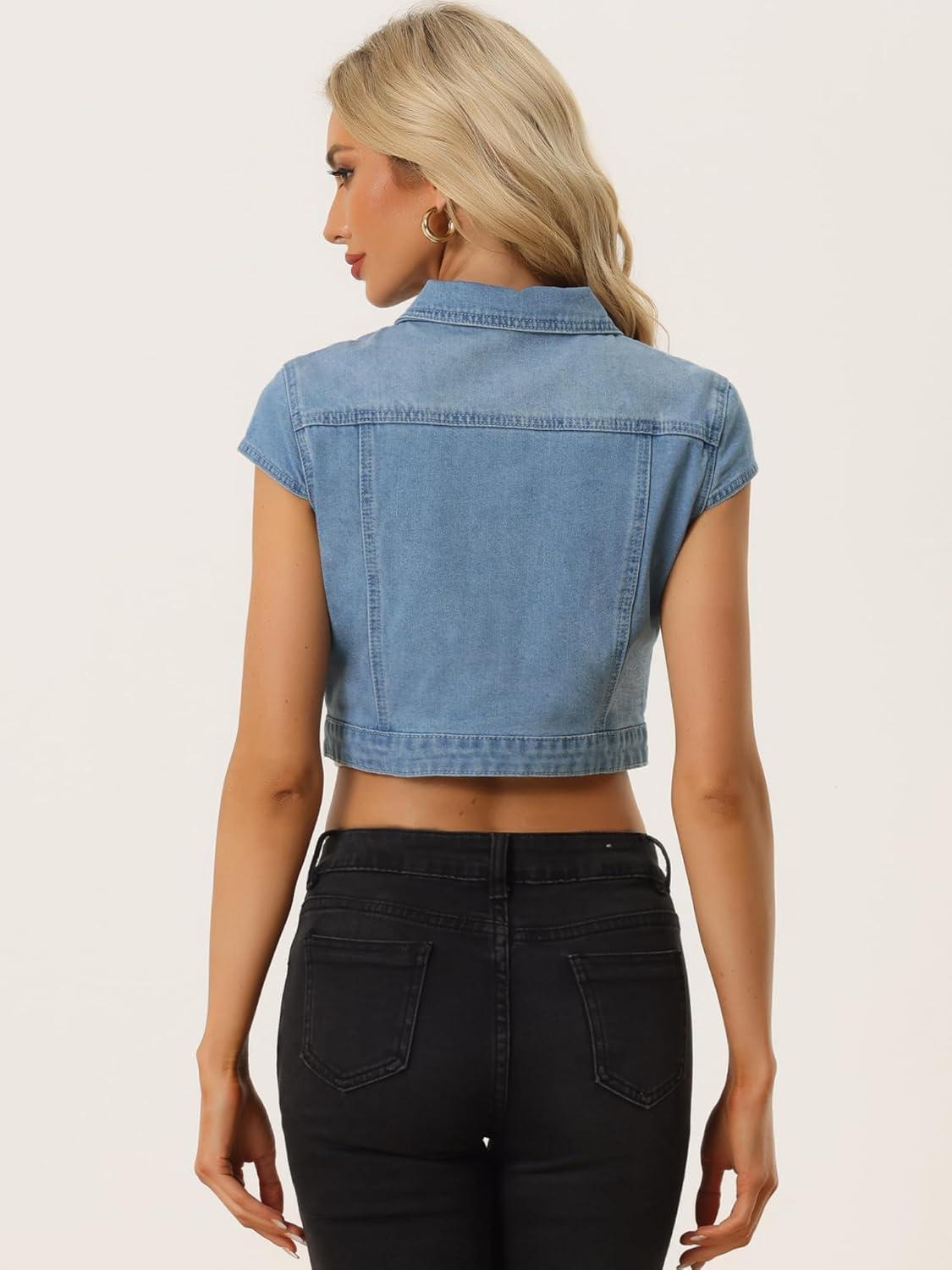 imageAllegra K Womens 2024 Summer Button Down Cap Short Sleeve Cropped Jean Denim JacketLignt Blue