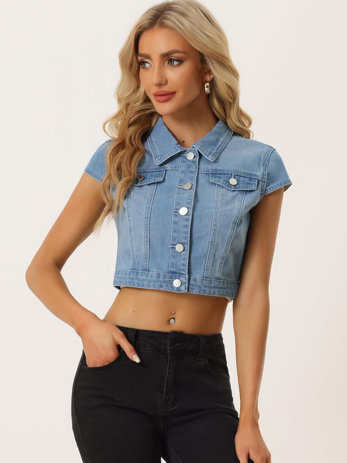 imageAllegra K Womens 2024 Summer Button Down Cap Short Sleeve Cropped Jean Denim JacketLignt Blue
