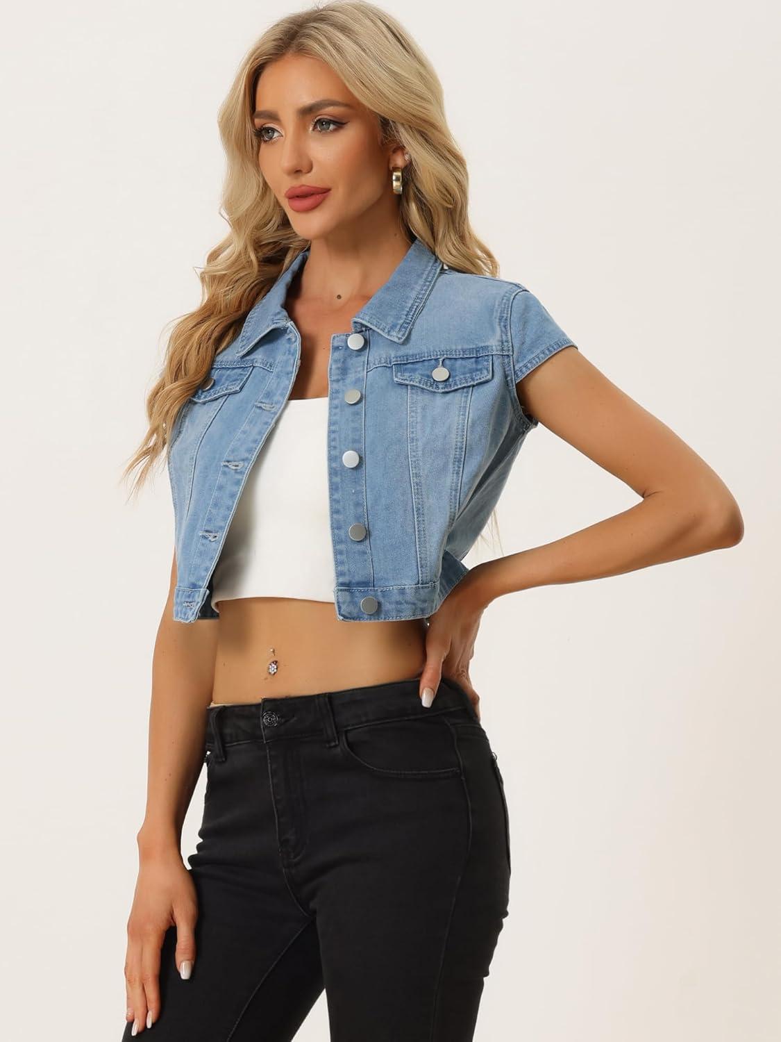 imageAllegra K Womens 2024 Summer Button Down Cap Short Sleeve Cropped Jean Denim JacketLignt Blue