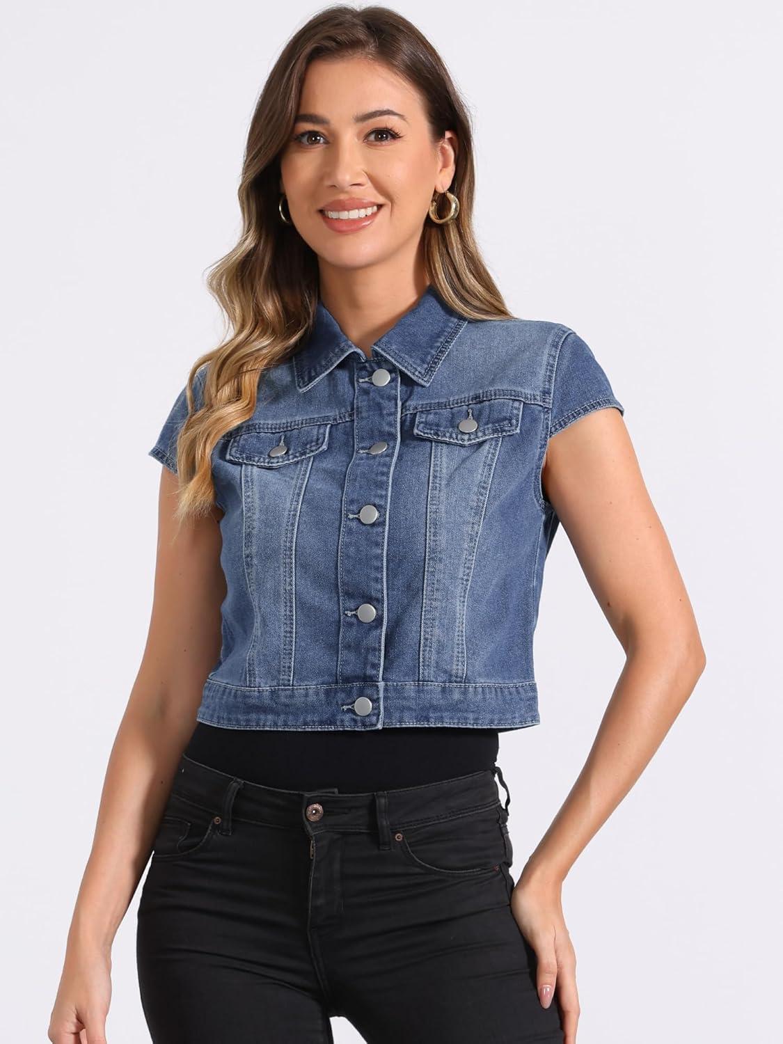 imageAllegra K Womens 2024 Summer Button Down Cap Short Sleeve Cropped Jean Denim JacketMblue