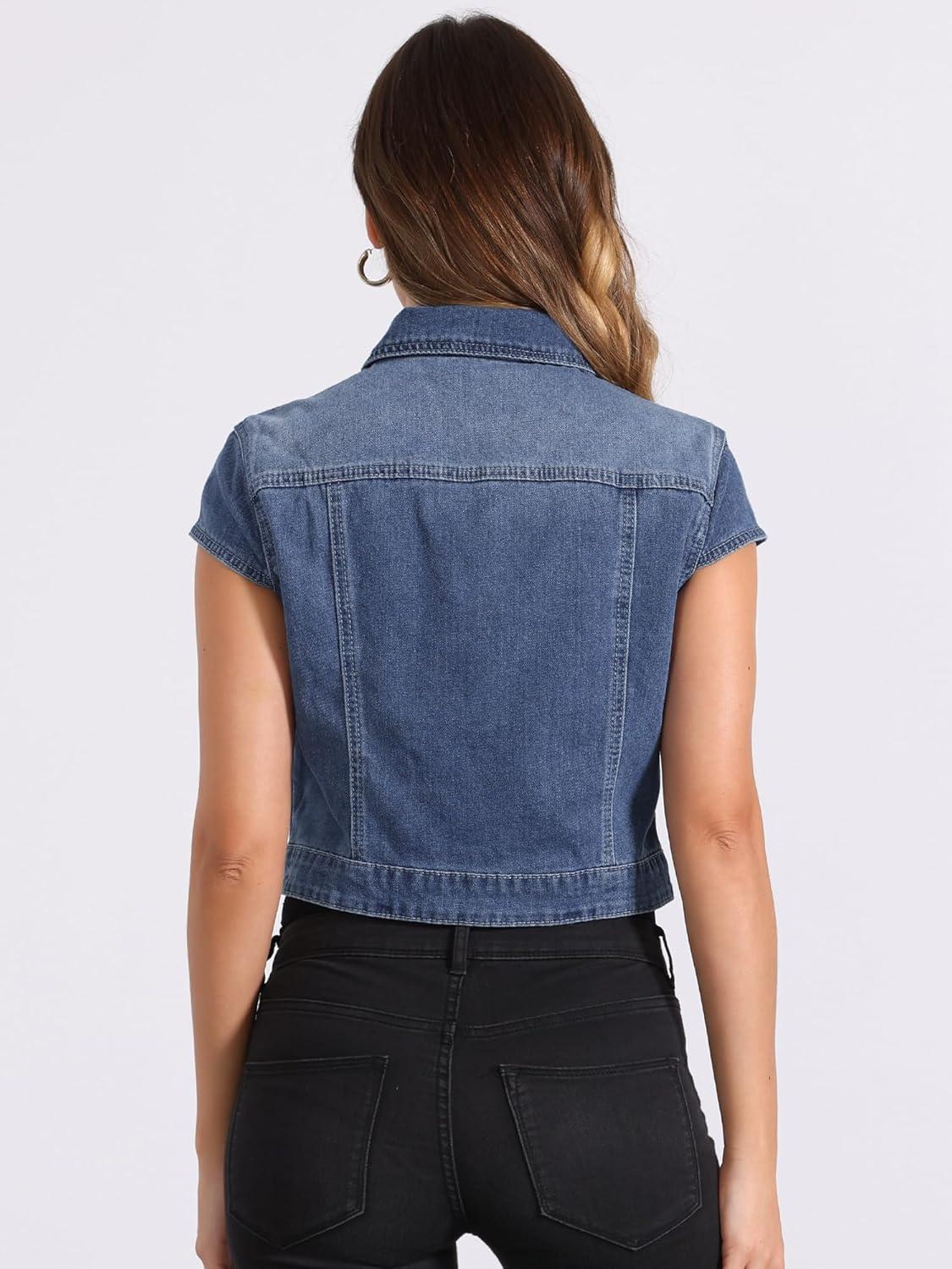 imageAllegra K Womens 2024 Summer Button Down Cap Short Sleeve Cropped Jean Denim JacketMblue