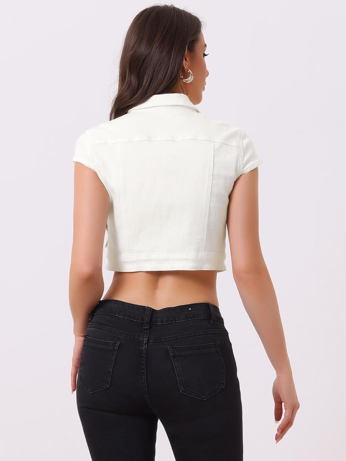 imageAllegra K Womens 2024 Summer Button Down Cap Short Sleeve Cropped Jean Denim JacketWhite