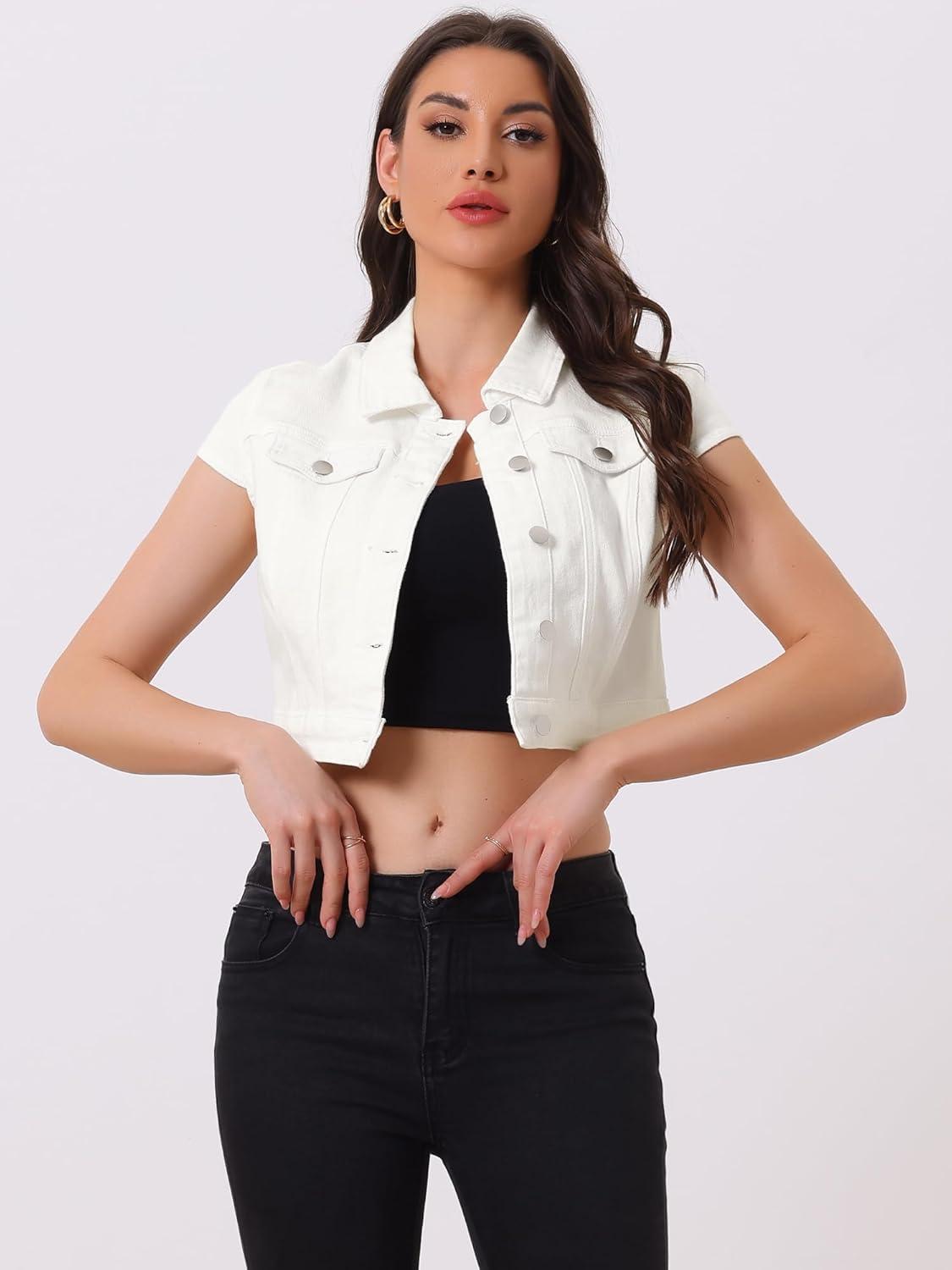 imageAllegra K Womens 2024 Summer Button Down Cap Short Sleeve Cropped Jean Denim JacketWhite