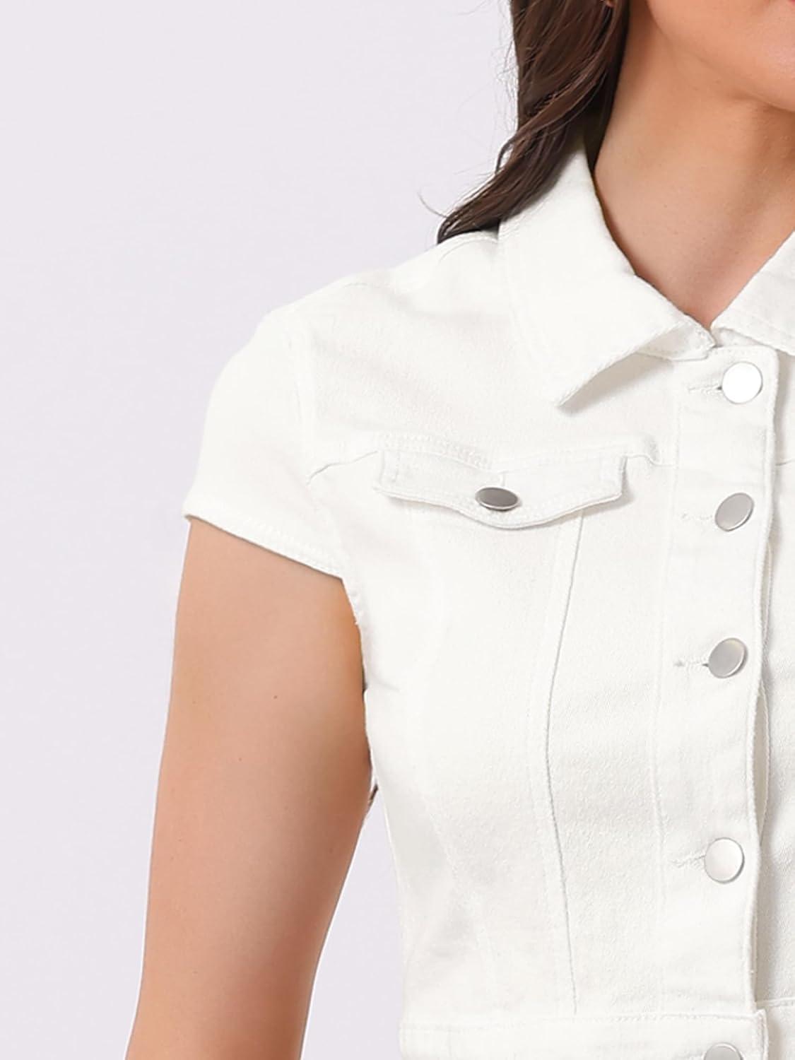 imageAllegra K Womens 2024 Summer Button Down Cap Short Sleeve Cropped Jean Denim JacketWhite