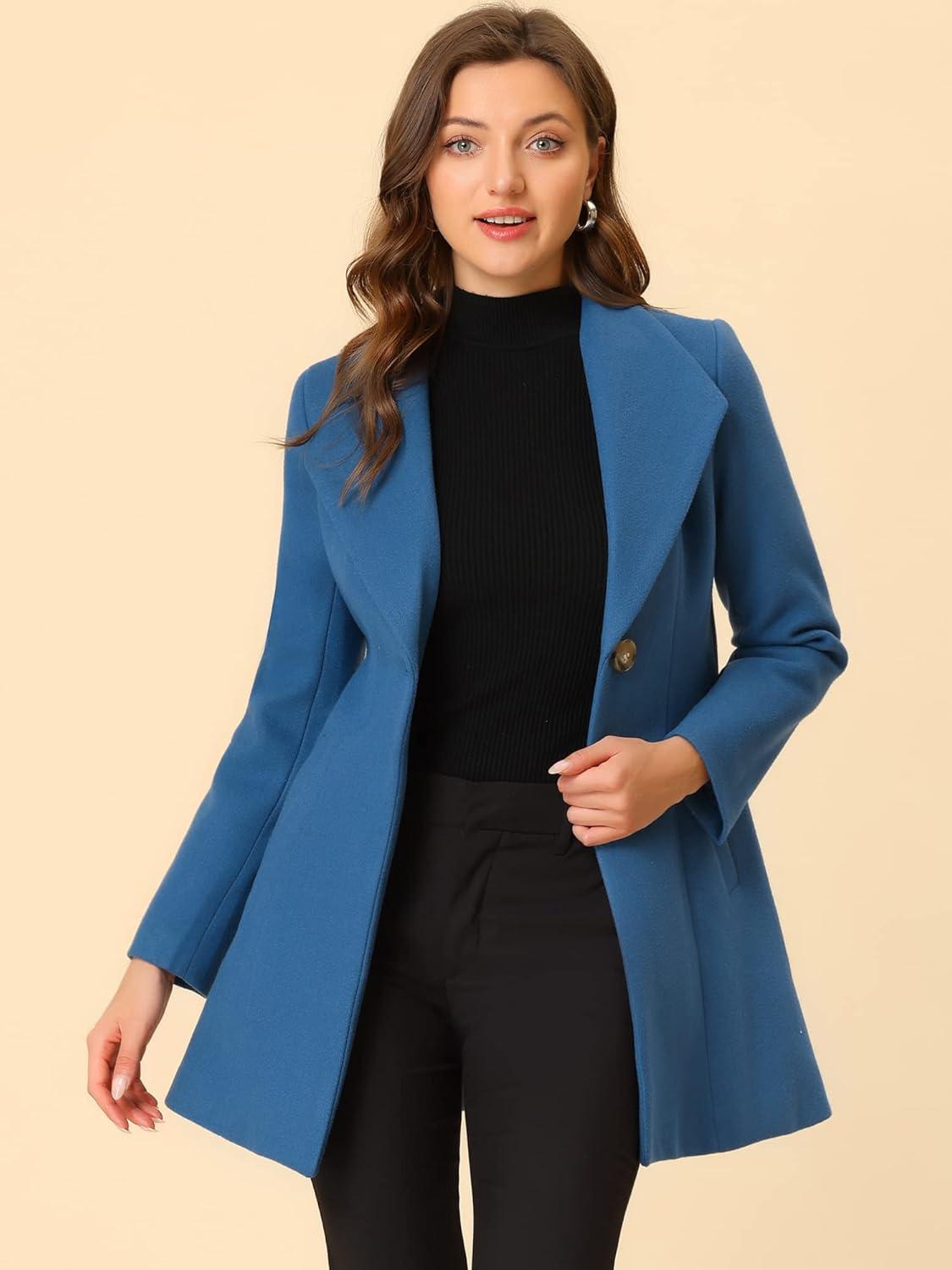 imageAllegra K Womens 2025 Coat for Winter Notch Lapel Collar One Button Outwear Classic Work Trench CoatsGrey Blue