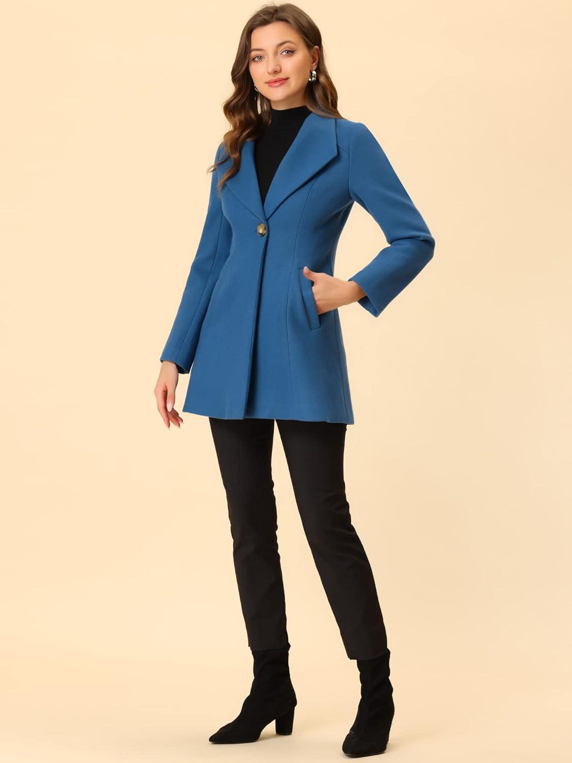 imageAllegra K Womens 2025 Coat for Winter Notch Lapel Collar One Button Outwear Classic Work Trench CoatsGrey Blue