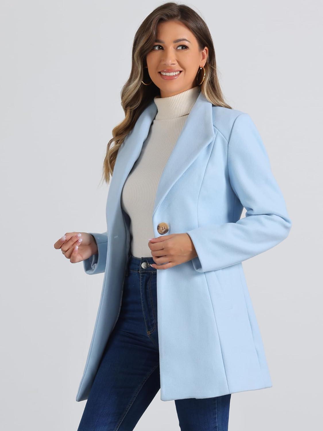 imageAllegra K Womens 2025 Coat for Winter Notch Lapel Collar One Button Outwear Classic Work Trench CoatsLight Blue