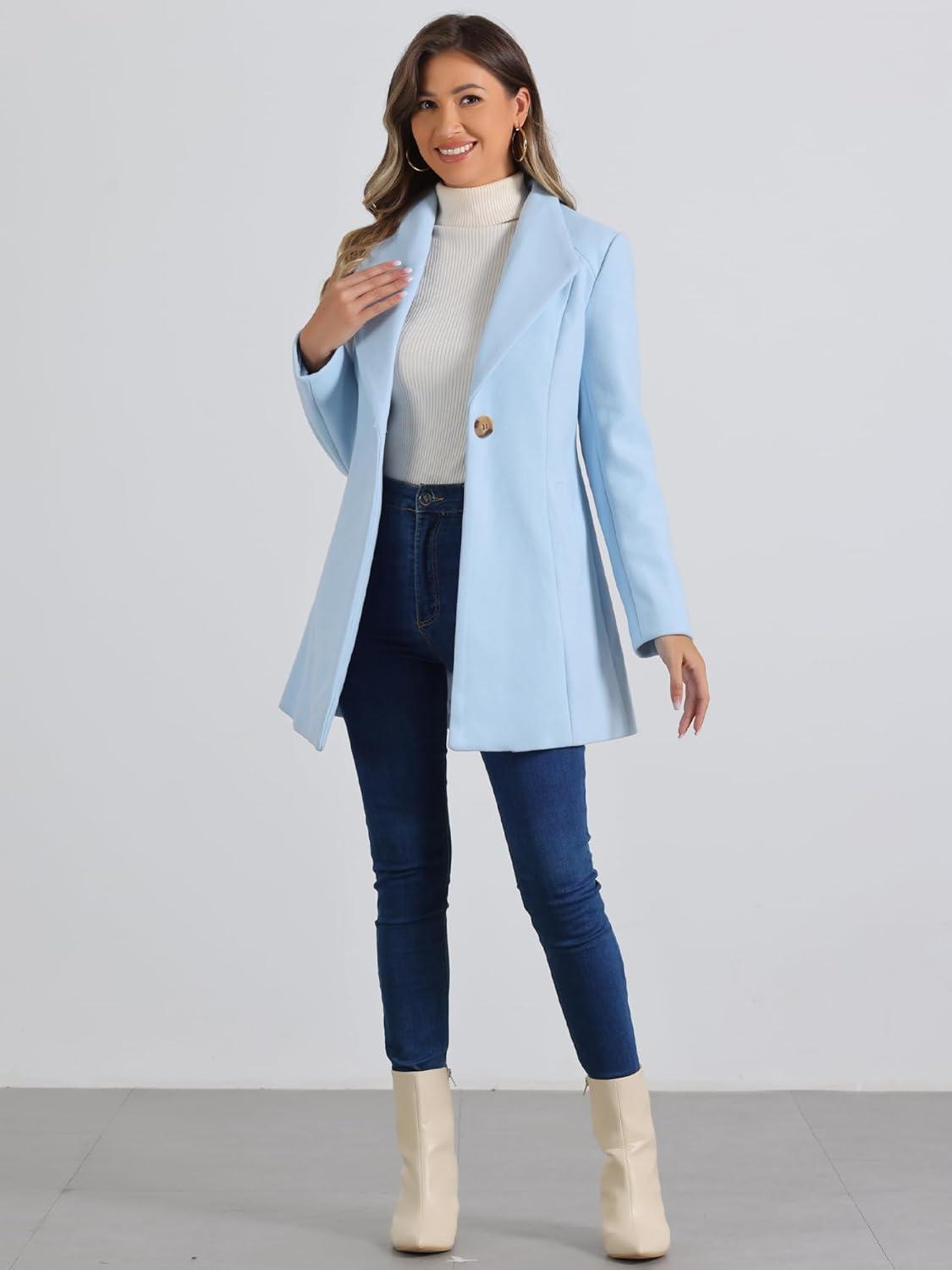 imageAllegra K Womens 2025 Coat for Winter Notch Lapel Collar One Button Outwear Classic Work Trench CoatsLight Blue