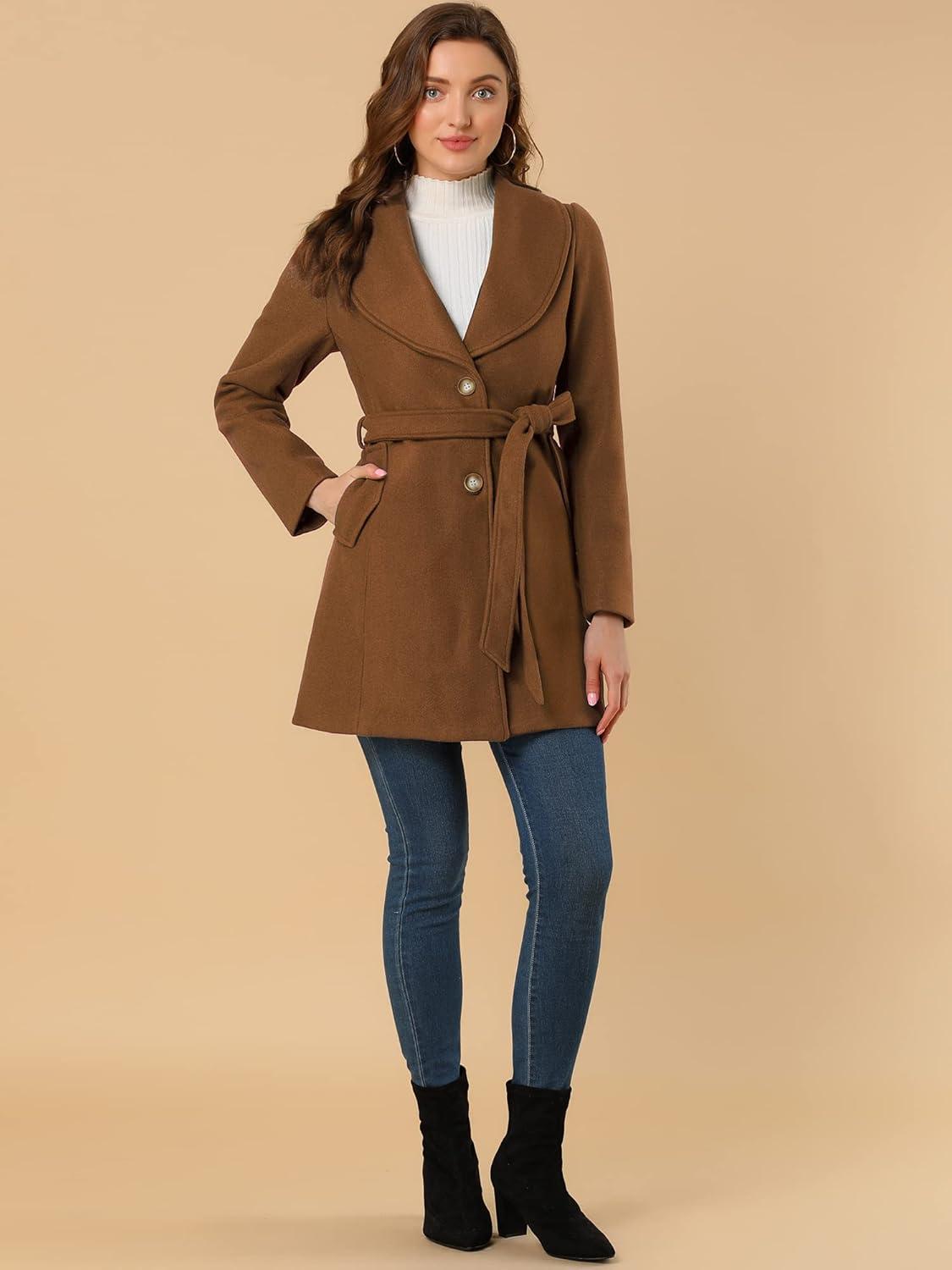 imageAllegra K Womens 2025 Winter Wrap Coat Shawl Collar Belted Single Breasted OvercoatsBrown