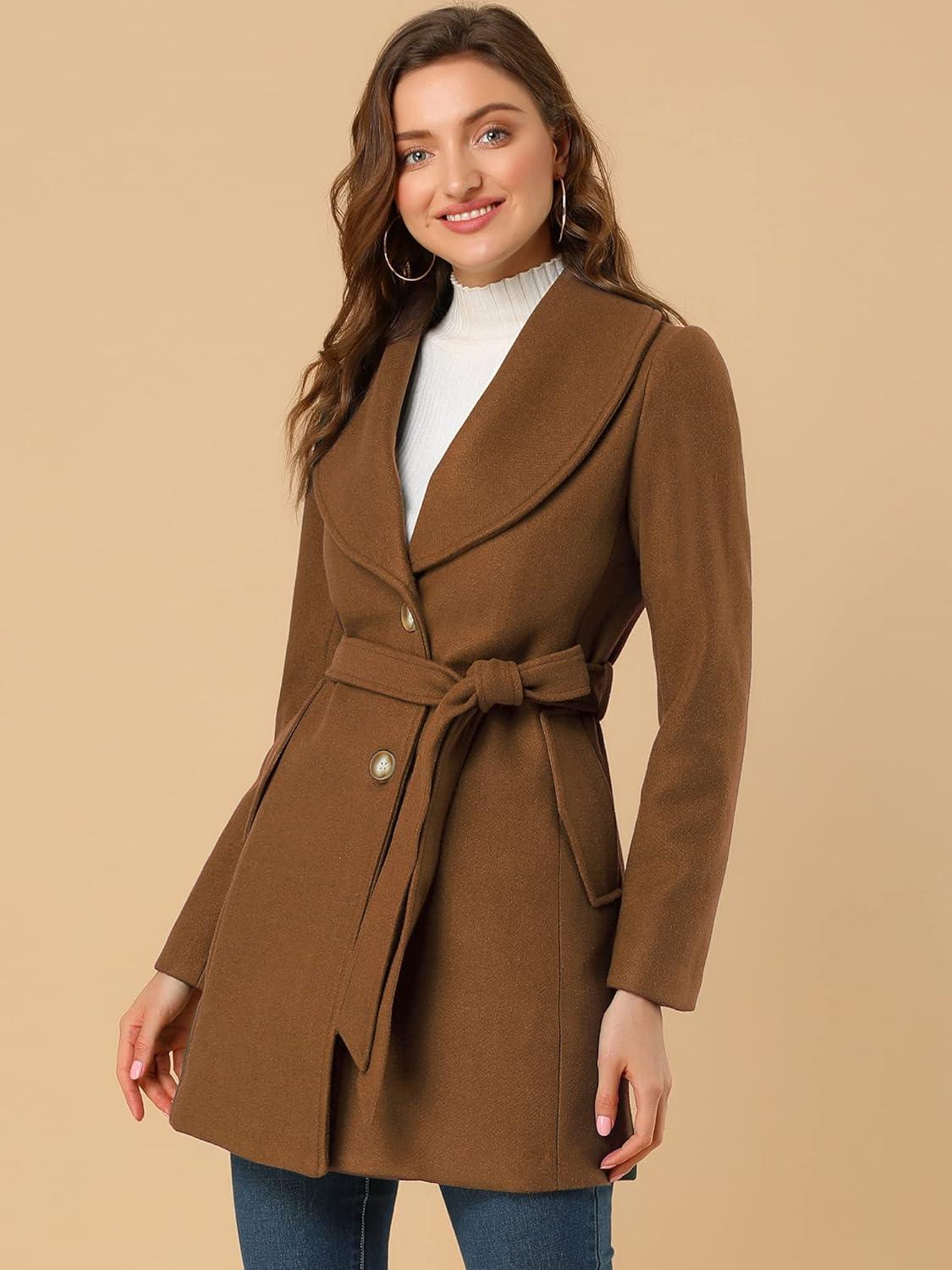 imageAllegra K Womens 2025 Winter Wrap Coat Shawl Collar Belted Single Breasted OvercoatsBrown