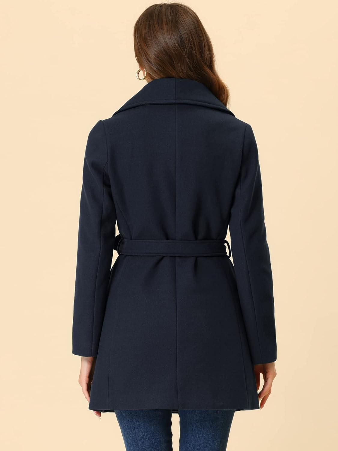 imageAllegra K Womens 2025 Winter Wrap Coat Shawl Collar Belted Single Breasted OvercoatsDark Blue