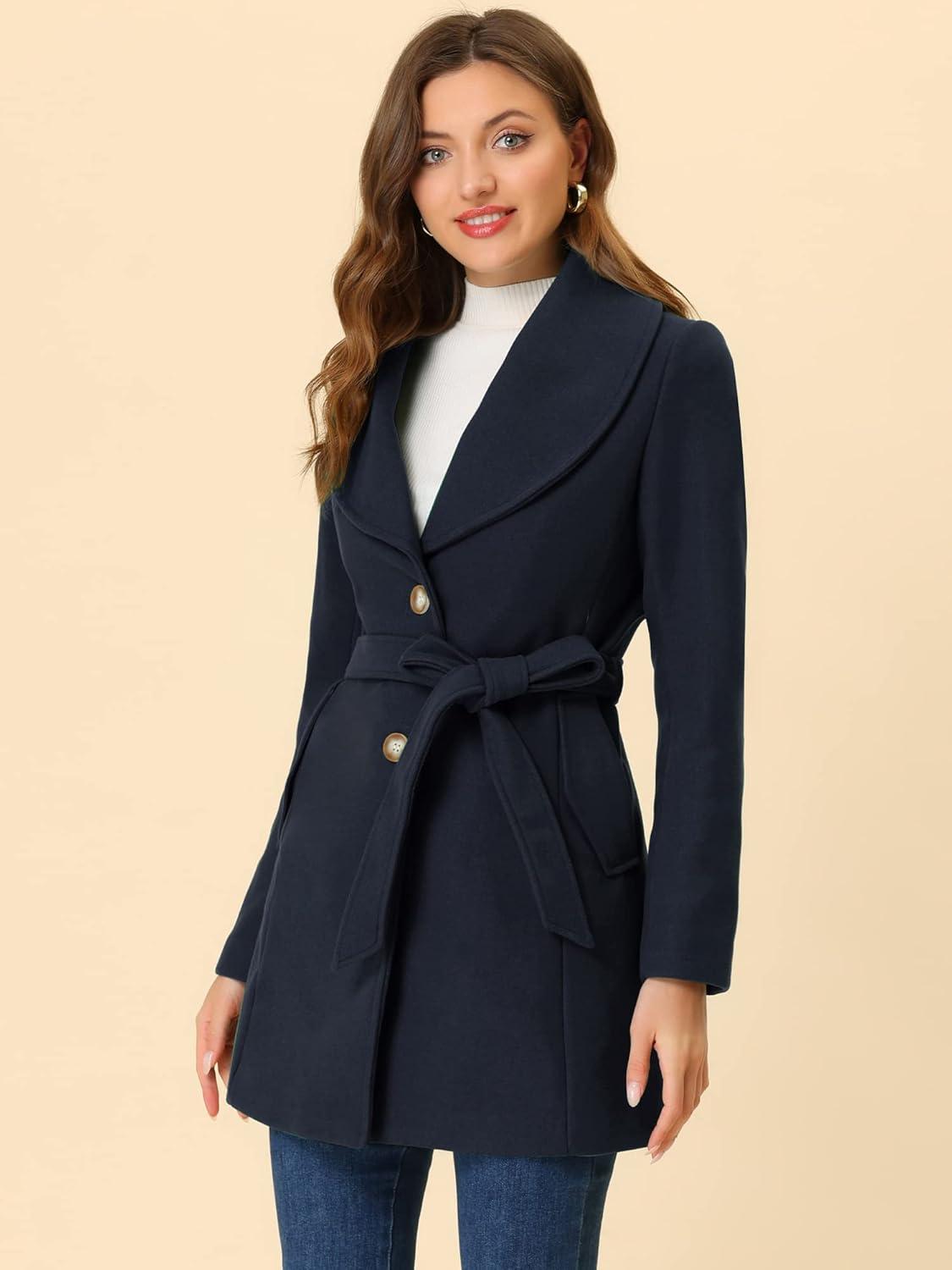 imageAllegra K Womens 2025 Winter Wrap Coat Shawl Collar Belted Single Breasted OvercoatsDark Blue