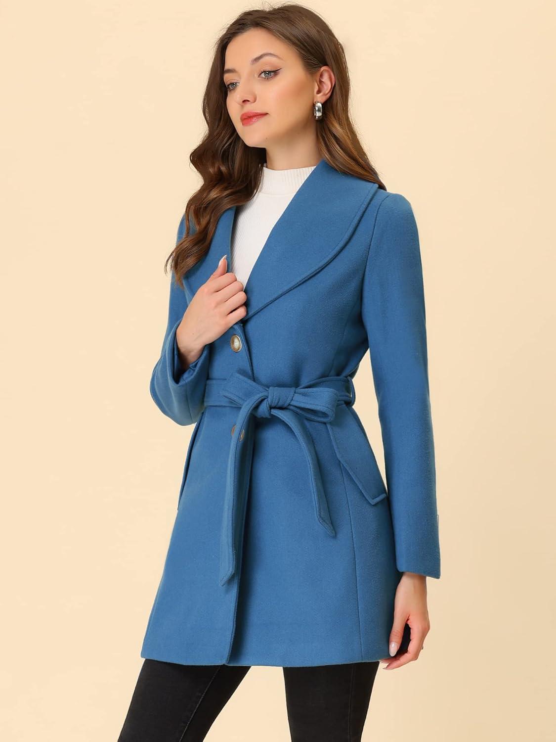 imageAllegra K Womens 2025 Winter Wrap Coat Shawl Collar Belted Single Breasted OvercoatsDark Blue Grey