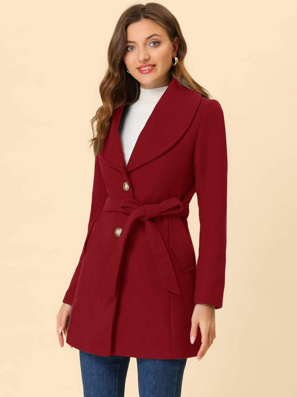imageAllegra K Womens 2025 Winter Wrap Coat Shawl Collar Belted Single Breasted OvercoatsDark Red